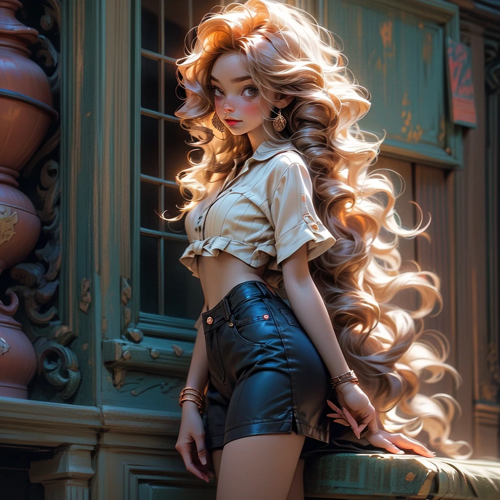 Light redhead woman, 18 years old, wavy hair, brown eyes, very light colored copper hair, Solo, 1girl, Long Hair, High Resolution, High Resolution, Best Quality, Detail, HD, High Quality, plump rosy lips, modern clothing, wearing plaid crop top and shorts, light copper colored hair, 