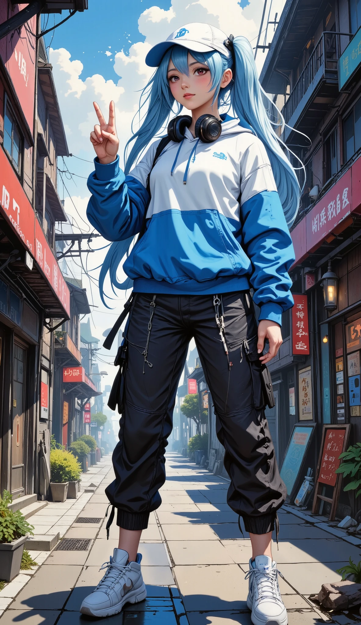 demon girl,  long blue and white hair use headphones,  cargo pants, hoodie,  both blue and white , white tennis shoes ,  sunglasses, He's wearing a cap, Make peace signs ,  along a Japanese street 