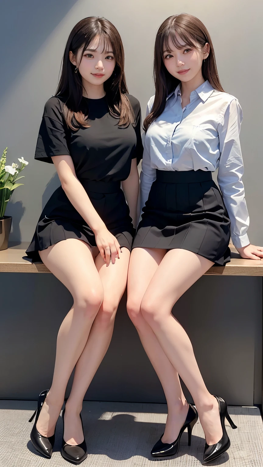 top-quality、超A high resolution、masterpiece、professional photograpy、((No depth of field))、foco nítido:1.5、((2 girls:1.4))、2guys、2 females、(Photorealistic reproduction:1.3)、(1 Japan Office Lady:1.3)、Black business suit、Black Blazer、Black tight skirt、Slender face、White and beautiful skin、Slimed、((looking at viewert))、 Looking at the camera、In the office of the company、((Two office lady women sitting on the sofa))、((Spread legs:1.4))、(up skirt:1.3)、(Woman Pulling Up Skirt)、(Beautiful female genitalia、Emphasis on female genitalia、Woman showing off female genitalia、taken from the under)、(From below)、((Close-up in the crotch:1.3))、Low position shots:1.4