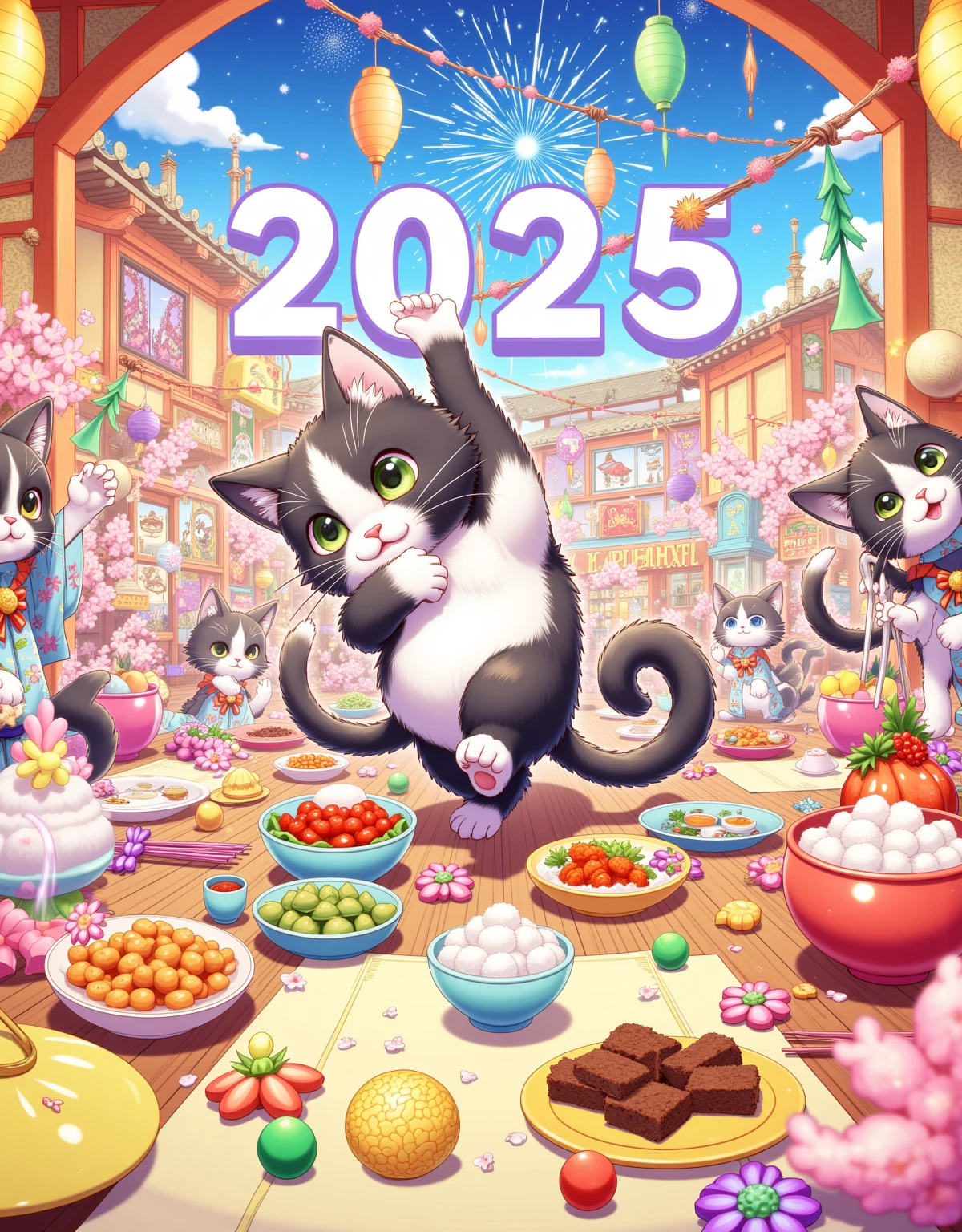 A lively New Year's party scene depicted in a fantasy animation style. The focus is on a cute black and white kitten with big expressive eyes and a dynamic pose. The kittens are dressed in playful, anime-inspired costumes, such as small kimonos with floral patterns and little uniforms with bright ribbons. The party takes place in a lively, anime-style room filled with colourful decorations, including lanterns, blow-dried streamers and cherry blossom branches. The tables are filled with colourful candies, rice balls, small bowls of sashimi and other tasty treats. In the background, the sky is detailed with cartoon-like fireworks and the text ‘2025’ displayed in a playful font. The overall image features vibrant colours, dynamic action lines and a light, energetic feel.