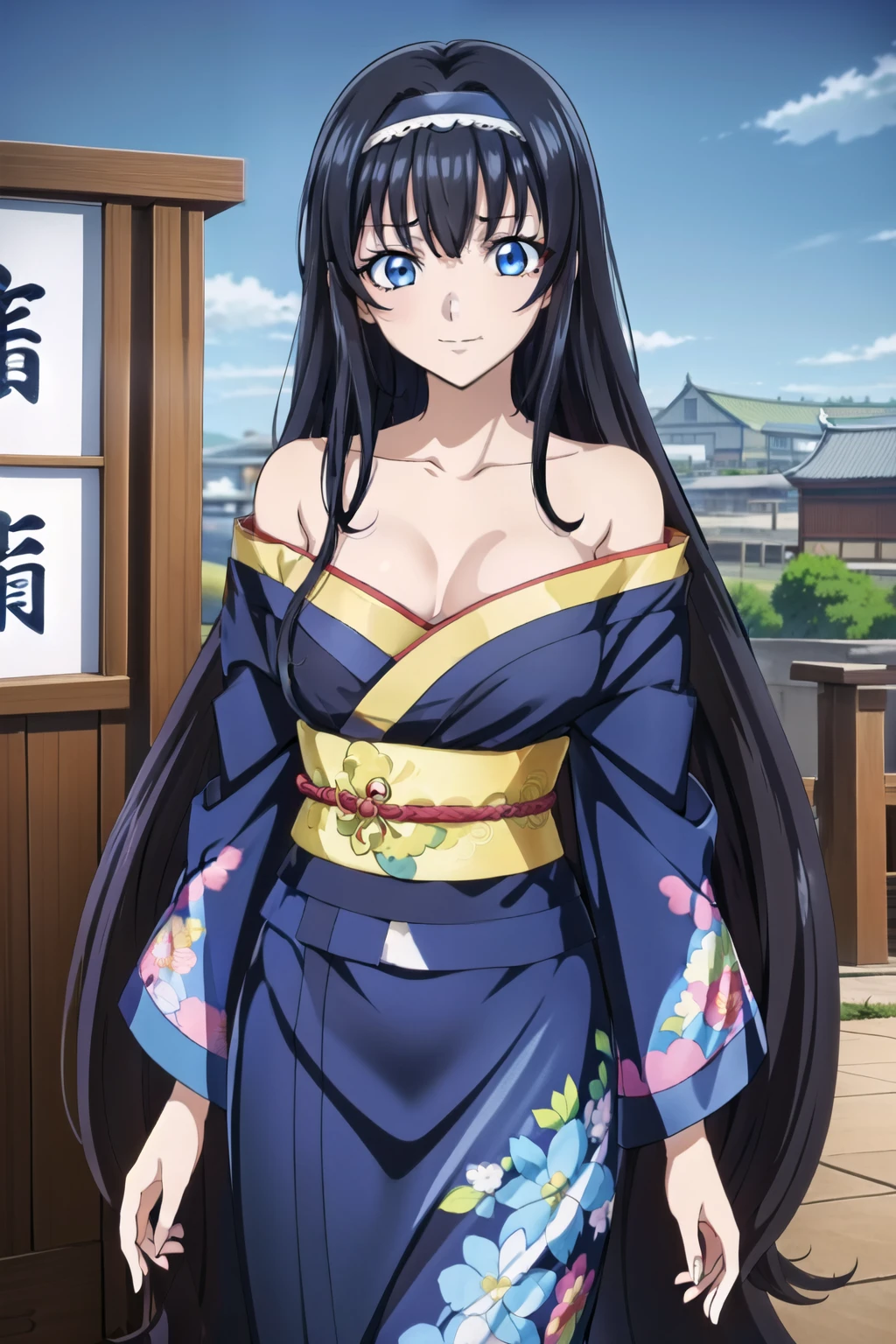 1 girl, cute, black hair, long hair, ((off-shoulder kimono)), ((beautiful floral embroidery)), long sleeves, smile, hair band, (anime cels style, Masterpiece, best quality, high resolution, anime colored, anime style, anime sharp, 8k), (beautiful blue eyes:1.5), (perfect detailed anatomy, beautiful face), spreading arms at shrine in front of the torii gate