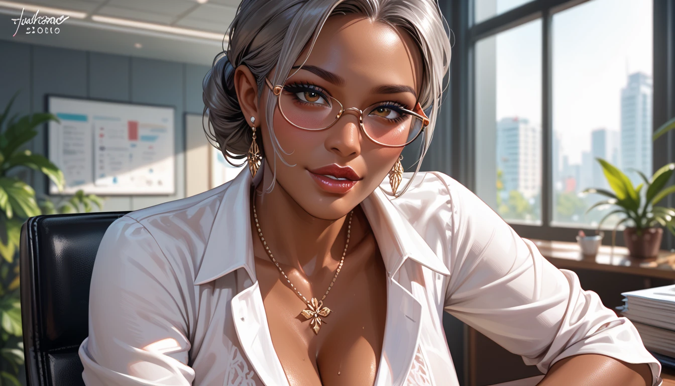 art,milf,mature_woman,hair_intakes,blushing,solo,dark_skinned_female,office_lady,solo_female,cleavage,portrait,lipstick,,lip biting,solo_focus, grey_hair,white_shirt,score_9, score_8_up, score_7_up ,glasses,absurdres,score_9,score_8_up,score_7_up,score_6_up,detailed,looking_at_viewer,lips,thick_lips,steamy ,dark_skin,brown_skin,tan
