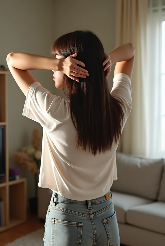 ((Highest quality, 8K, masterpiece: 1.3)), sharp: 1.2, Perfect Body Beauty: 1.4, Slim Abs: 1.2, ((Layered Hairstyles, Big Breasts: 1.2)), (濡れた White Button Long Shirt: 1.1), (nude: 1.2), Face close-up: 1.5, Highly detailed face and skin texture, Beautiful Eyes, double eyelid, Side view of the camera