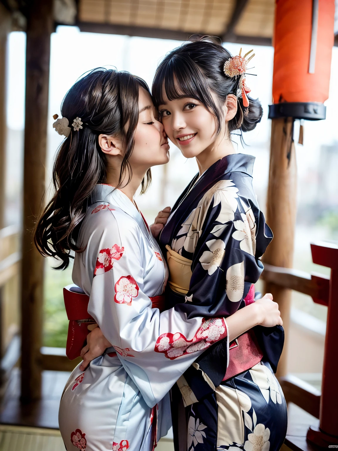 ( Japanese New Year's kimono:1.5)、(Under the kimono she is completely naked:1.5)、(Japanese-style bedroom)、( Japanese New Year Decorations )、( top quality, masterpiece, photorealistic , {{{{more}}}} , Super high resolution:1.3), (2girls, Japanese ), ( lesbian)、 (smile), ( let's hug :1.5 )、bangs, long hair, from side, ( trying to kiss)、 ( perfect anatomy:1.5)