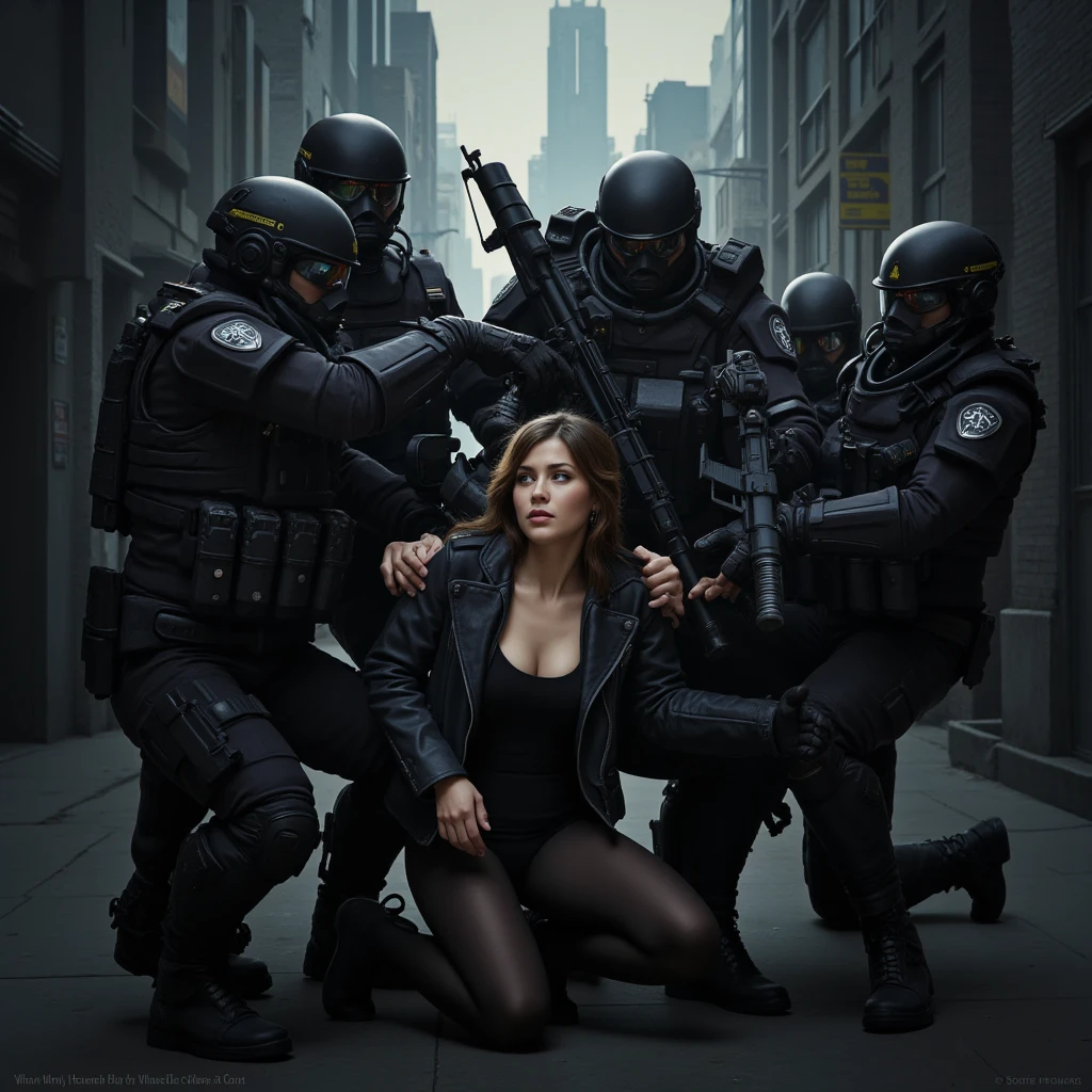 A police woman, blonde with platinum hair, angry, with white skin, athletic body, strong legs, beautiful feet, dressed in a black miniskirt, hat, open black high-heeled sandals, smokes a cigarette while stepping on her teeth with her heels. of a black-skinned prisoner, dressed in dirty clothes, lying on the floor, bleeding and crying with his mouth open.
In the background, a dark prison and blonde woman police officers in observe the punishment.