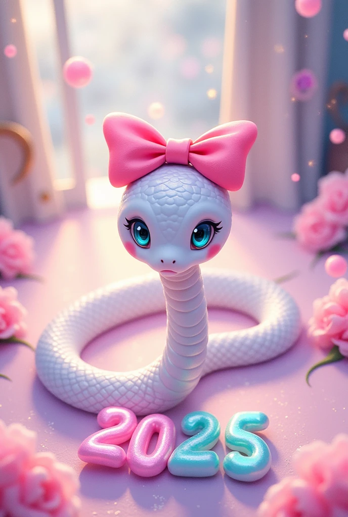 A very cute white snake with a pink ribbon on its head is looking at me,  The snake's trail has the words "Happy New Year 2025" written in colorful iridescent pastel colors, anime manga illustration, ultra detailed, absolutely resolution, masterpiece