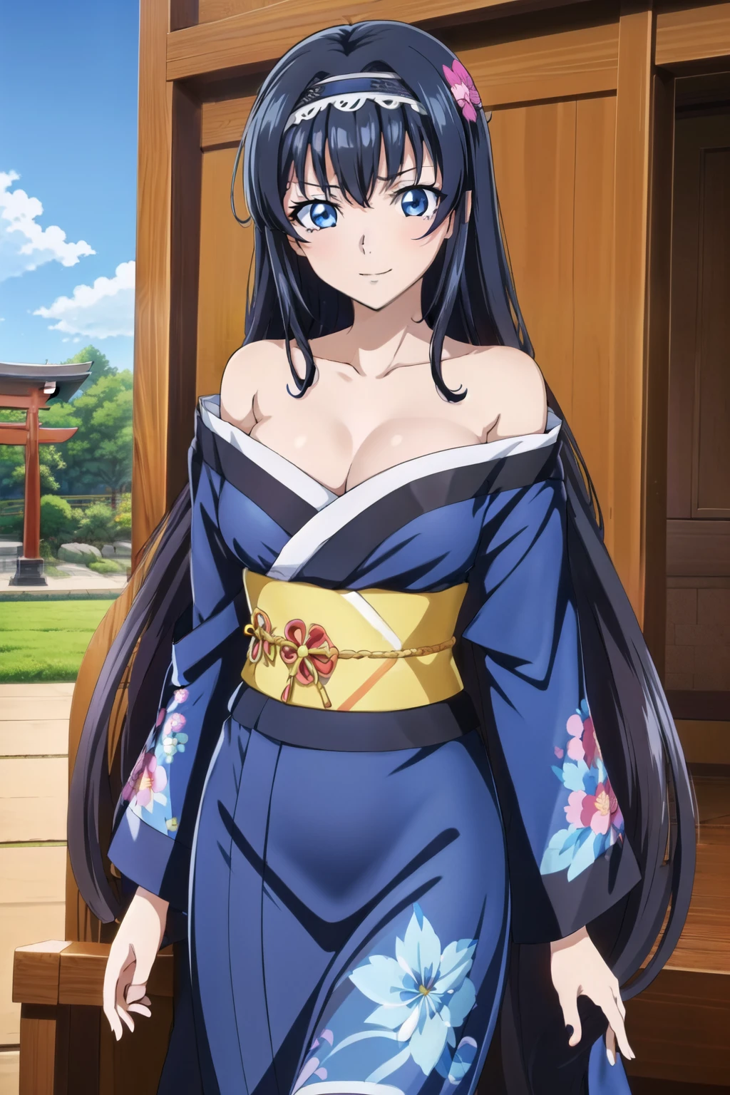 1 girl, cute, black hair, long hair, ((off-shoulder kimono)), ((beautiful floral embroidery)), long sleeves, smile, hair band, (anime cels style, Masterpiece, best quality, high resolution, anime colored, anime style, anime sharp, 8k), (beautiful blue eyes:1.5), (perfect detailed anatomy, beautiful face), spreading arms at shrine in front of the torii gate