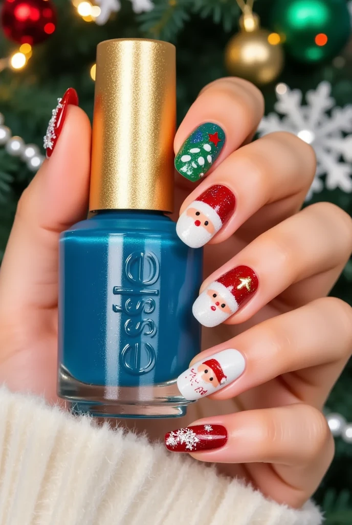 close-up shot , A very nice hand holding a blue nail polish bottle。(((nail design,Beautiful nails with Santa's head )))。