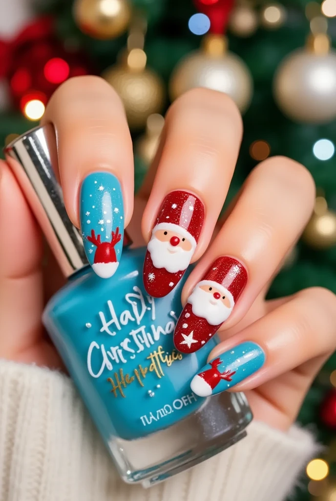 close-up shot , A very nice hand holding a blue nail polish bottle。(((nail design,Beautiful nails with Santa's head )))。
