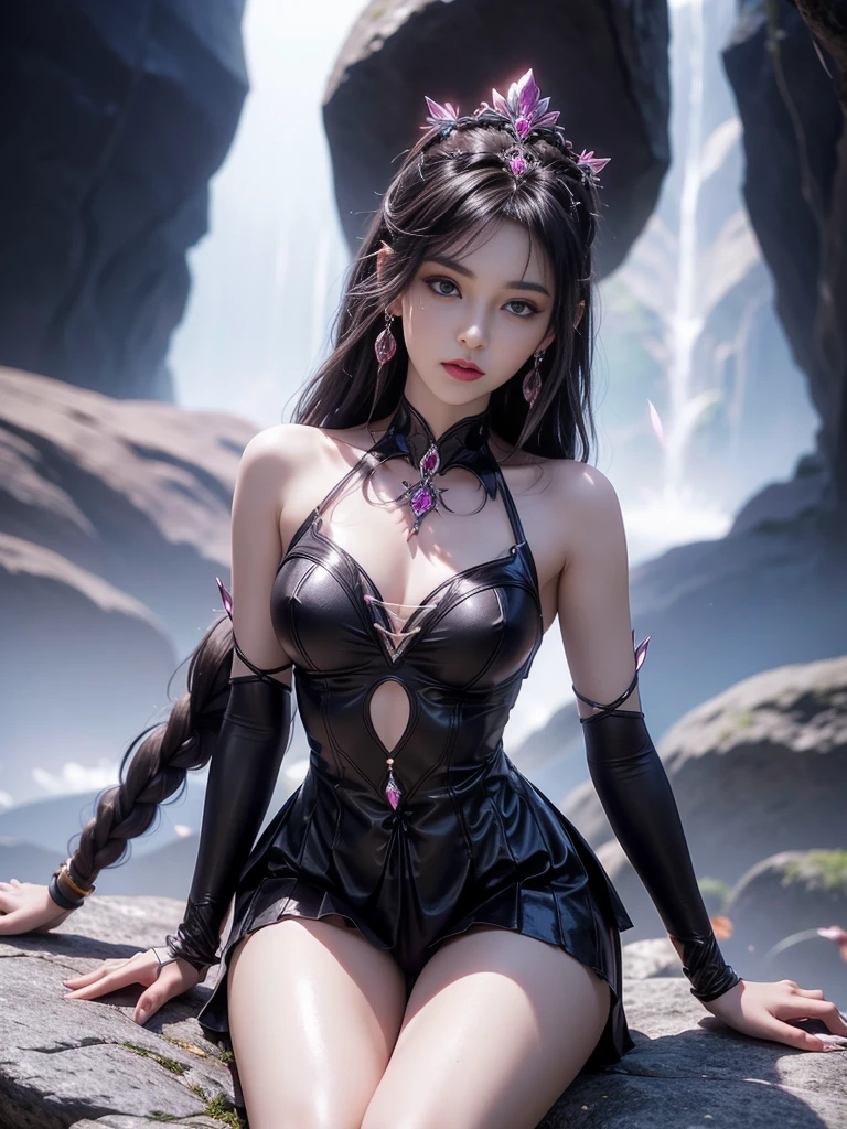 sexy Spanish model who controls poison、beautiful smile、lipgloss、long lashes、intense makeup、look at the camera、full body Esbian、、sparkling poisoned flower costume、、、、shiny sparkling multicolor hair、secrete poison、skull hair accessories、fishnet tights、shiny sparkling dark magic forest background