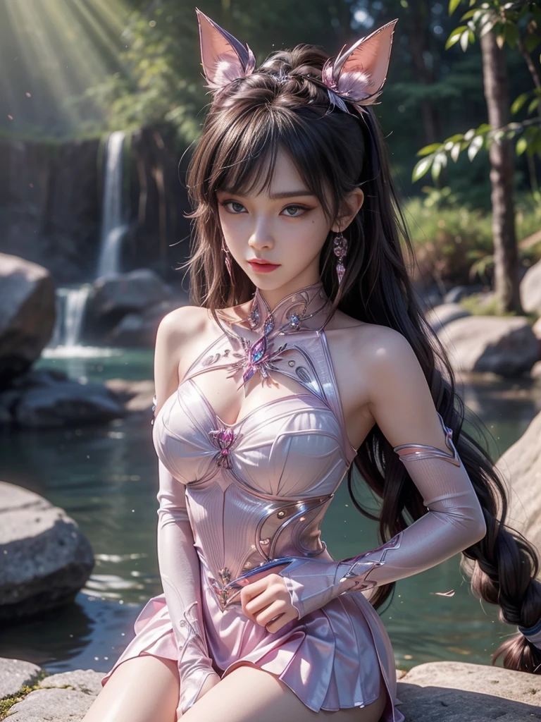 sexy Indonesian model who controls poison、beautiful smile、lipgloss、long lashes、intense makeup、look at the camera、full body Esbian、、sparkling poisoned flower costume、、、、shiny sparkling multicolor hair、secrete poison、skull hair accessories、sexy tights、shiny sparkling dark magic forest background