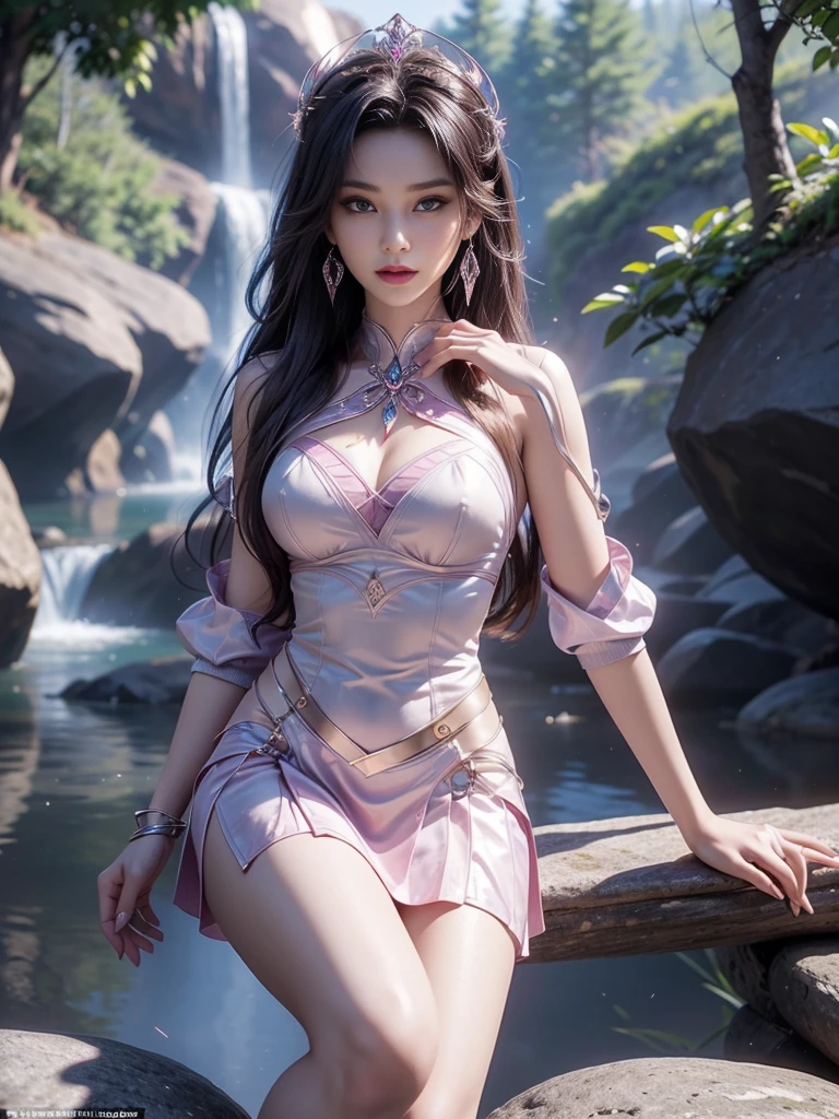 Sitting by a lake full of river lights, hands playing in the water, the art depicts a charming woman with 2 hands, 2 legs, a delicate face, a normal face, dressed in a flowing, silky traditional oriental dress, long, light purple, decorated with intricate patterns and bright colors. Her dress drapes elegantly over her curvy figure, accentuating her seductive silhouette. She sits gracefully by the tranquil lotus lake, her feet playing in the water, bathed in the soft glow of the moonlight. The scene exudes an ethereal and dreamy atmosphere, with a touch of mystery and sexiness. The graphic style blends watercolor and digital illustration techniques to evoke a refined beauty and charm. The lights are filled with soft moonlight, casting soft highlights and shadows on her charming features. Bare thighs, big breasts, three-dimensional facial features, sitting, upturned legs, 1 side braid, translucent turtleneck undershirt