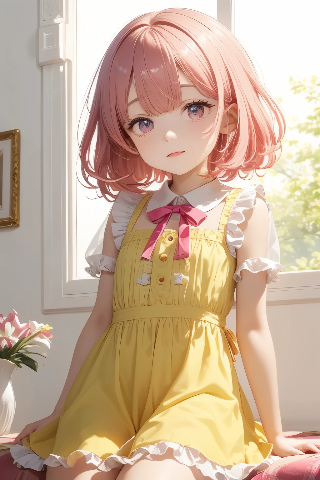 Femboy, otoko no ko, pink hair, short hair, flat chest, sexy body, cute face, Shy face, pink eyes, frilled dress, short dress, yellow dress, Lily flower background frame