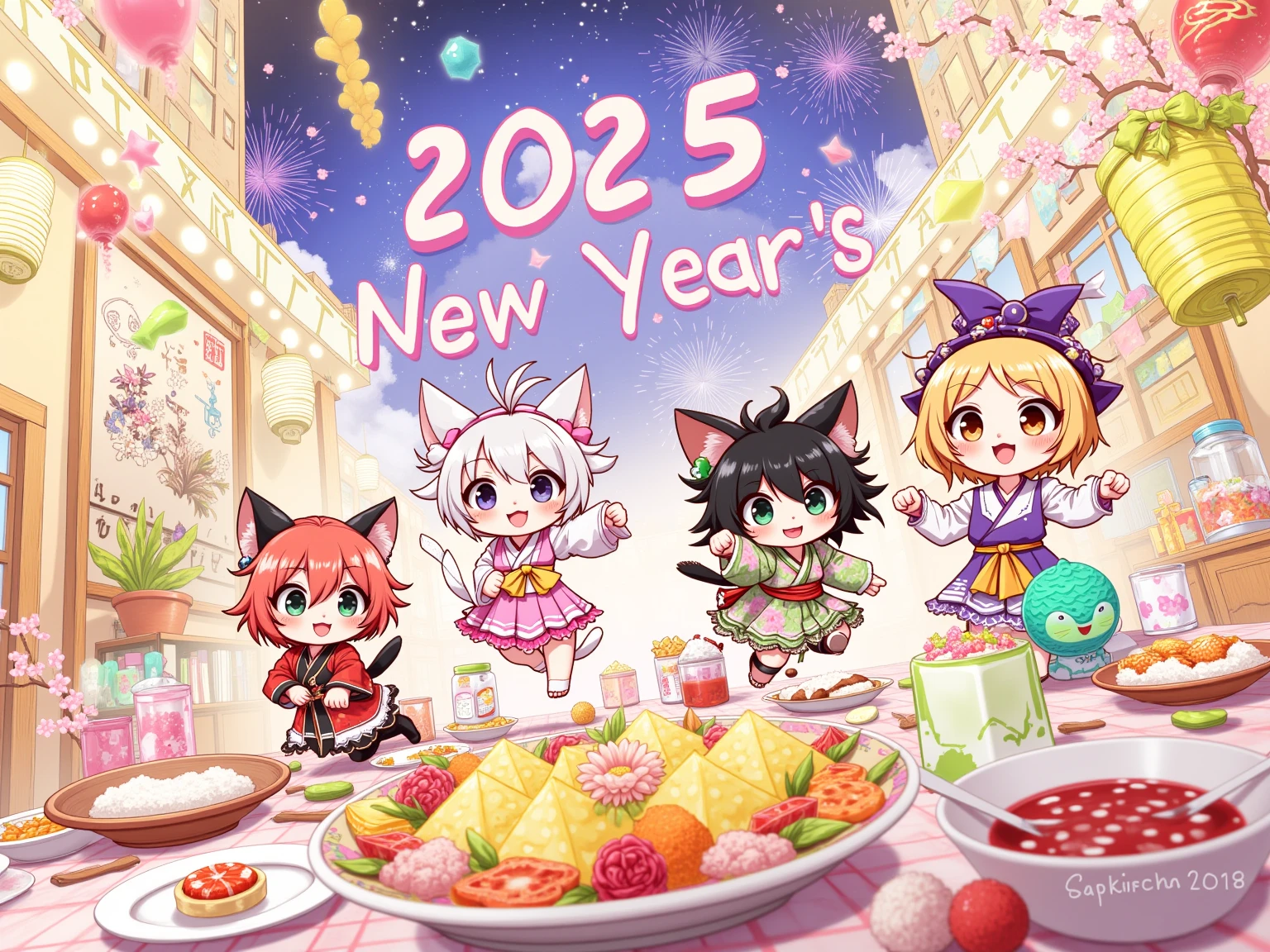 A lively New Year's party scene depicted in a fantasy animation style. The focus is on a cute black and white kitten with big expressive eyes and a dynamic pose. The kittens are dressed in playful, anime-inspired costumes, such as small kimonos with floral patterns and little uniforms with bright ribbons. The party takes place in a lively, anime-style room filled with colourful decorations, including lanterns, blow-dried streamers and cherry blossom branches. The tables are filled with colourful candies, rice balls, small bowls of sashimi and other tasty treats. In the background, the sky is detailed with cartoon-like fireworks and the text ‘2025’ displayed in a playful font. The overall image features vibrant colours, dynamic action lines and a light, energetic feel.