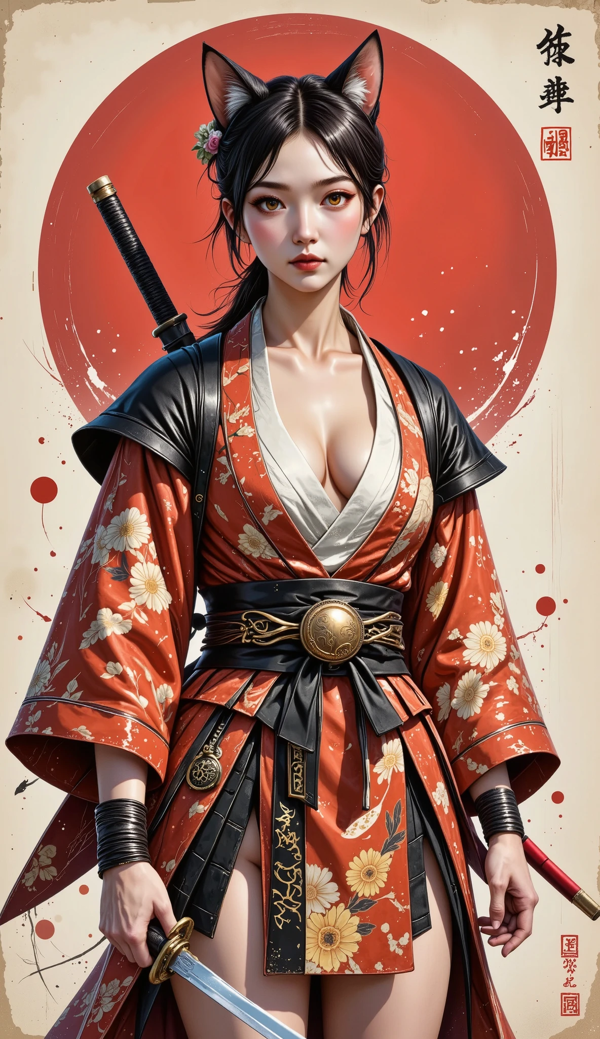 a thin samurai cat in a japanese kimono, katana, monotonous anime characters, ink painting, (best quality,4k,8k,highres,masterpiece:1.2),ultra-detailed,(realistic,photorealistic,photo-realistic:1.37),highly detailed, intricate, precise details, dramatic lighting, vibrant colors, dramatic atmosphere, dynamic pose, photorealistic