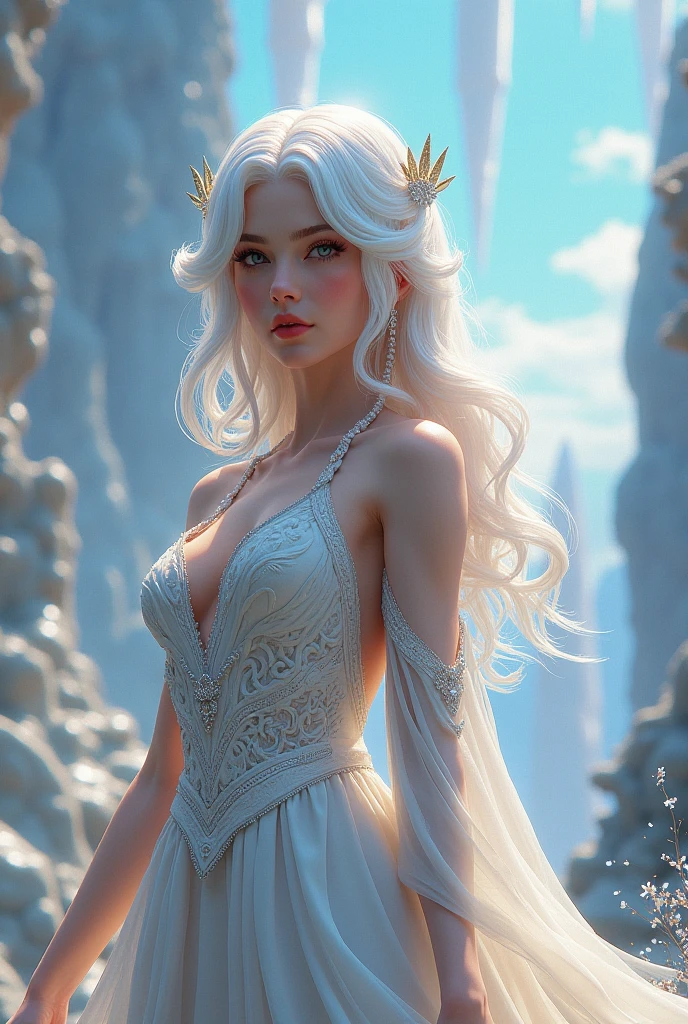 a beautiful goddess, young woman with glowing skin, gorgeous long flowing hair, piercing blue eyes, delicate facial features, graceful pose, draped in flowing white dress, surrounded by soft light, ethereal and divine presence, photorealistic, (best quality,4k,8k,highres,masterpiece:1.2),ultra-detailed,(realistic,photorealistic,photo-realistic:1.37),detailed facial features, intricate folds in dress, shimmering highlights, natural skin texture, dramatic lighting, cinematic composition, serene and tranquil atmosphere, subtle color palette, warm glowing tones