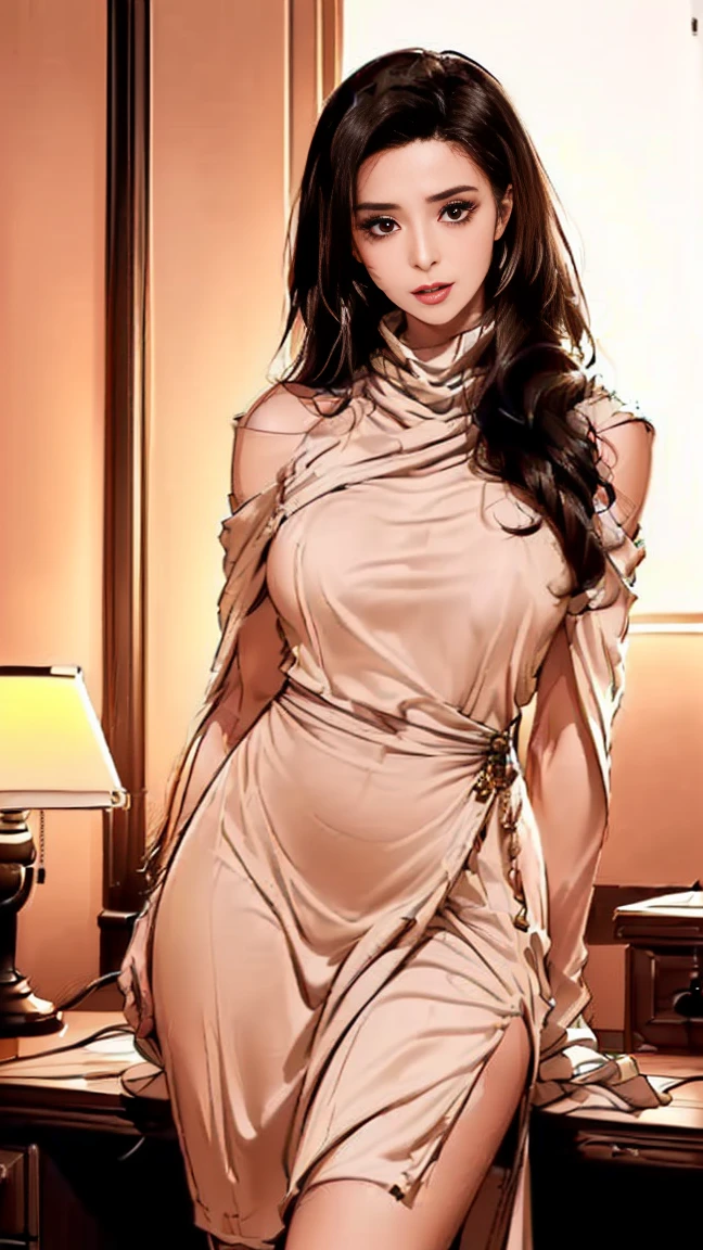 White woman、black hair、long hair、Hair becomes wavy、navel, large breast, Beautiful legs、erotic、Great proportiony hips are constricted、hand on hip、tan skin, elevator, Hair in the eyes((hair over eyes))、smile, tall, leggy,