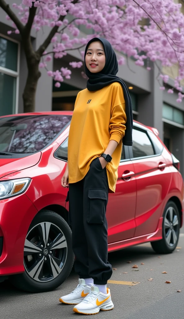 cute large chubby girl with glasses wearing black hijab. using dark red and dark blue oil and gas coveralls, black backpack, blue helmet with JPE logo font in red. modified silver honda jazz gk5 2018 background.