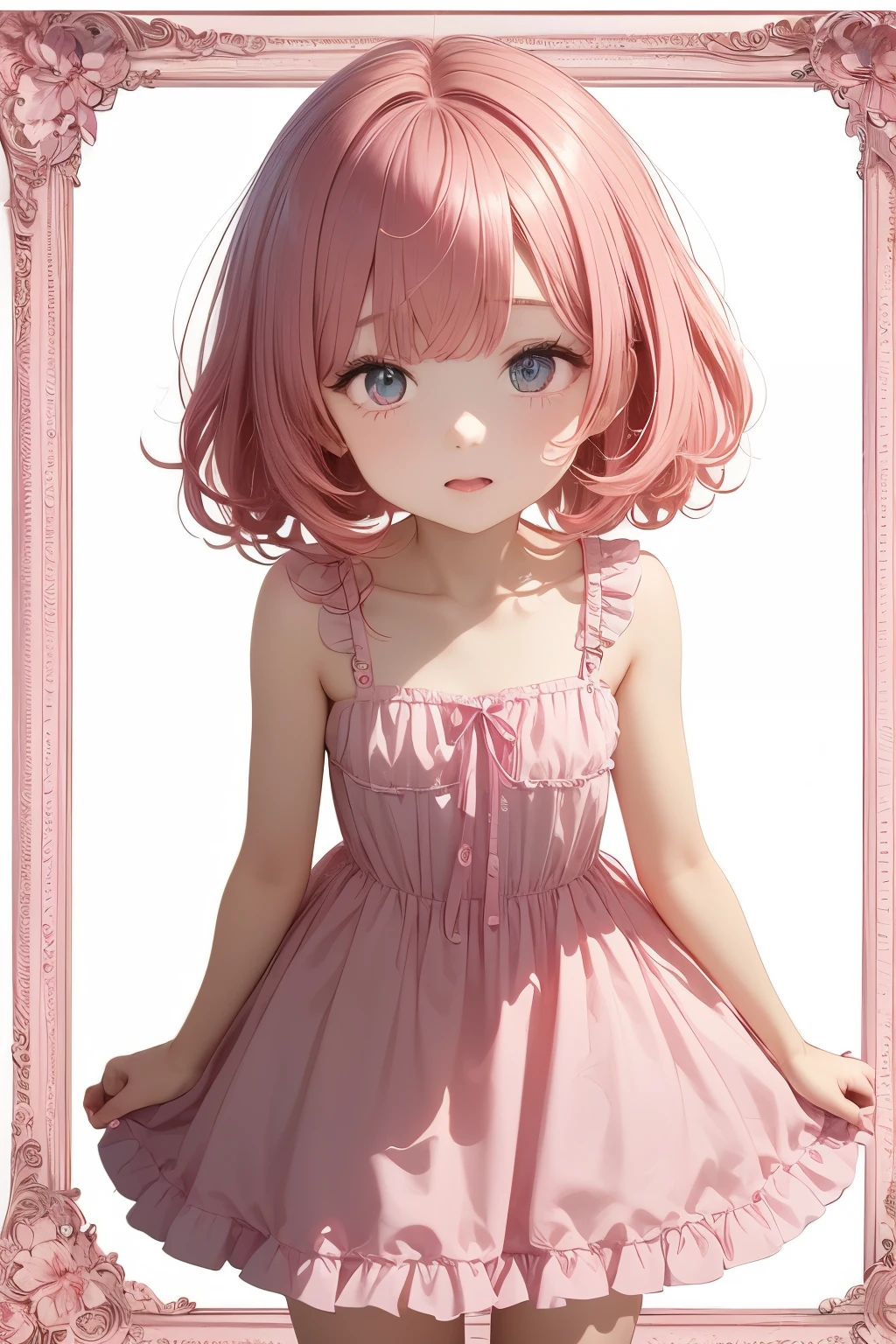 Femboy, otoko no ko, pink hair, short hair, flat chest, sexy body, cute face, Shy face, pink eyes, frilled dress, short dress, yellow dress, Lily flower background frame