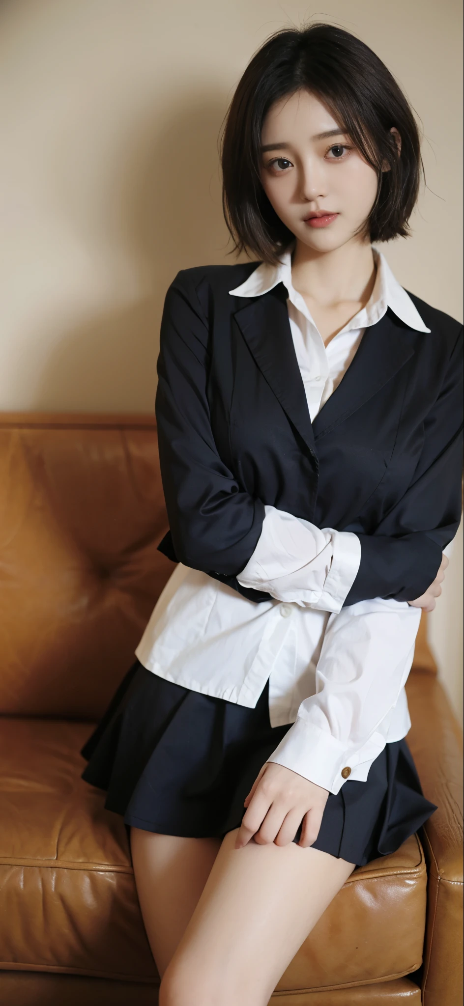 RAW photo, 1 girl, incredibly absurd, 30 years old, beautiful girl, (cute), (short hair), photo shoot, realistic, Depth of the bounds written, High resolution, Super detailed, delicate, very detailed, highly detailed eyes and face, sharp pupils, Realistic Office Lady, sharp focus, LED lighting, Eye and face details, (velvet blazer), mini skirt, cowboy shot full body, (wind lift:1.6), cameltoe, sit on an office chair, M-shaped , lace underwear, stare, (Big breastsbout to burst), Close-up, perfect body, shot from below, sunset