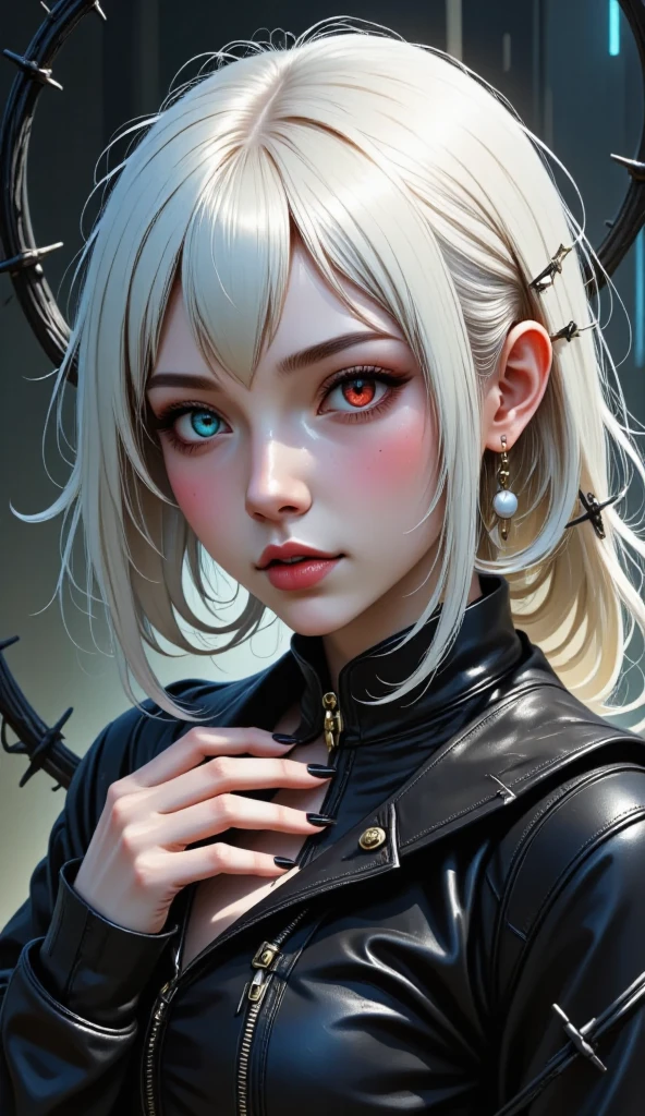 1 girl, adult woman,  Alone, g0ld3mb, air, (platinum blonde hair) hair, hime cut, (pinzas para el hair kawaii:1.2)     high quality,  better quality, alta resolución,  high detail, (airen aura magic), hair uplifted, Horns, Beautiful white-haired young woman with penetrating red and blue eyes,  half smile with full lips , black nails,  barbed wires everywhere ( rolled black barbed wires ),read eyes ,Blue eyes, (different eyes), (heterochromia)