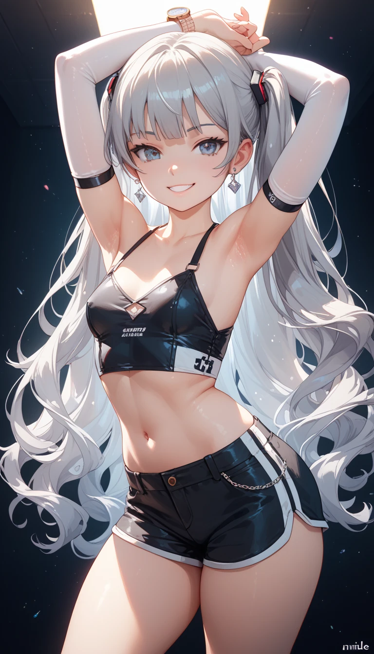 (((highest quality、first-clasasterpiece、Normal body、8k、Detailed face、Ultra-precision、Normal hand、Normal finger、5Finger、)))Brightly colored hair、Rainbow black silver hair、Sports Bra、hot pants