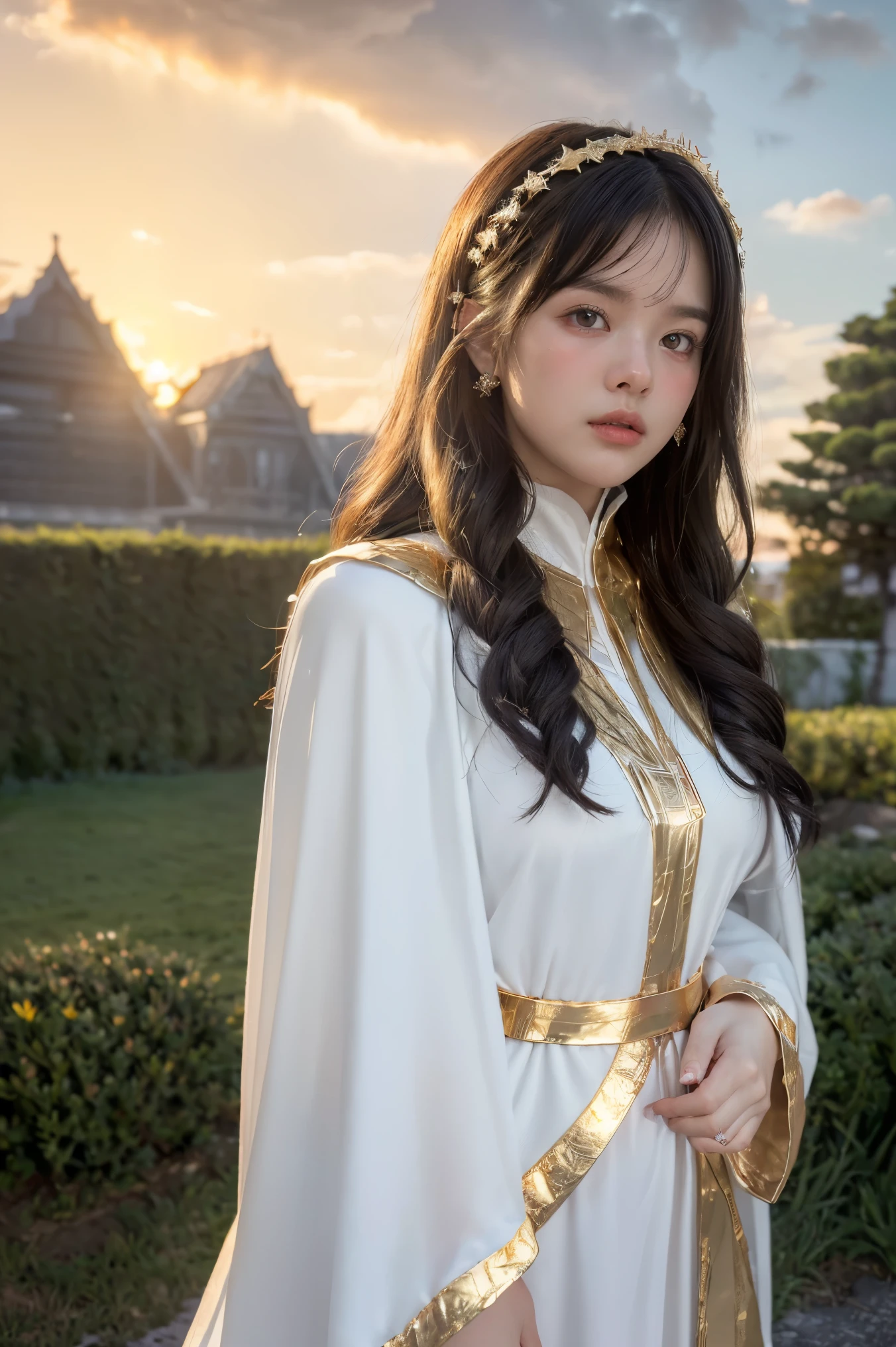 ((masterpiece, best quality, extremely detailed), volumetric lighting, ambient occlusion, colorful, glowing), 1girl, solo, young girl, (dark hair), long hair, ranger suit, hunter class dnd, cloak, (white outfit with gold detailst:1.3), armor, outdoors, sunset, sky, clouds, space, (fantasy theme:1.2),