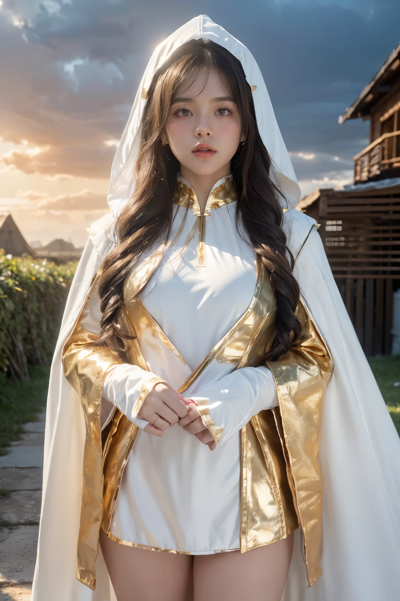 ((masterpiece, best quality, extremely detailed), volumetric lighting, ambient occlusion, colorful, glowing), 1girl, solo, young girl, (dark hair), long hair, ranger suit, hunter class dnd, cloak, (white outfit with gold detailst:1.3), armor, outdoors, sunset, sky, clouds, space, (fantasy theme:1.2),