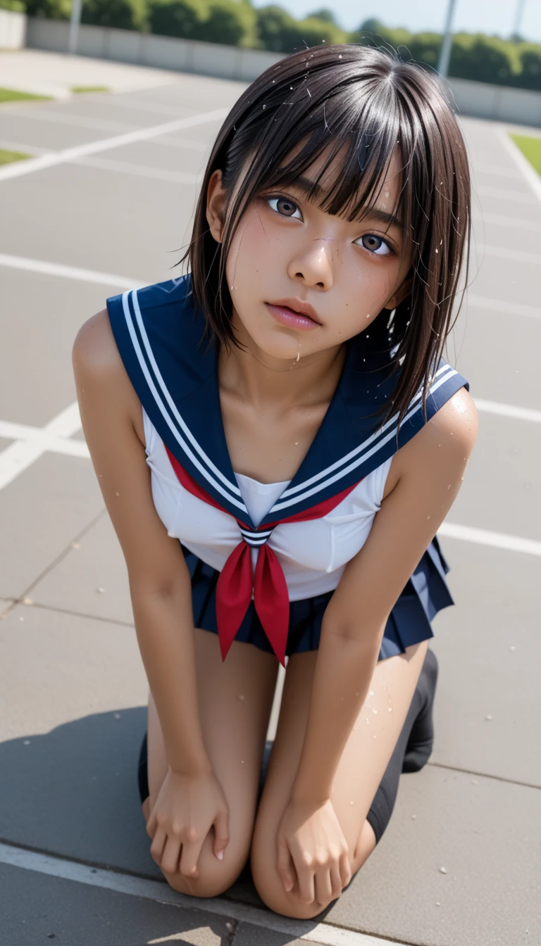  Wet 1 Japanese Female Middle School Student 、masterpiece 、  top quality  、 Super high resolution、 realistic、 beautiful lighting arranged in an orderly manner、  RAW photos 、4K Ultra HD、  super detailed face、Clear Face、Detailed eye、 beautiful eyes、( looks up、Gaze sideways)、1080P、 tan dark skin 、 black hair,   wet hair、 short bob cut , bangs、 Ponytail、 horny 、 young gravure idol who lost weight、、 red headband、 white gloves、(((Firm small breasts、Separated Breasts 、 tight breasts)))、((( wet hair )))、(( blue sky、small outdoor pool 、 blur background))、(((Wet Japanese Female Middle School Student 、  navy sailor color 、 with both shoulders out 、 wet pleated skirt 、 black knee socks、Wear black shorts)))、 Japanese Female Middle School Student Wearing Wet School Uniform、 break ( messy bun  ) break, ((Cross-legged pose、 full body shot ))break ((( EXTREME FACE UP SHOT ,  viewers, the above ))),( perfect anatomy)、 break ((Upper eyelid))、((( midi skirt)))、 thin beautiful thighs 、 beautifully manicured hair 、 oily skin 、Five fingers