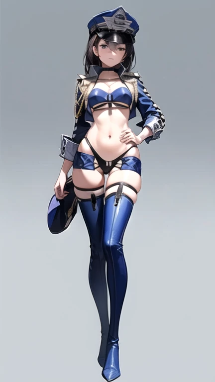 full body standing straight symmetrical, huge boob(masterpiece, best quality:1.2), cowboy shot, solo, 1MILF, mmplatz, smile, looking at viewer, hands on hips, twintails, twin drills, dress, blue pantyhose, striped pantyhose, Handcuffs on their hands, With a collar around the neck