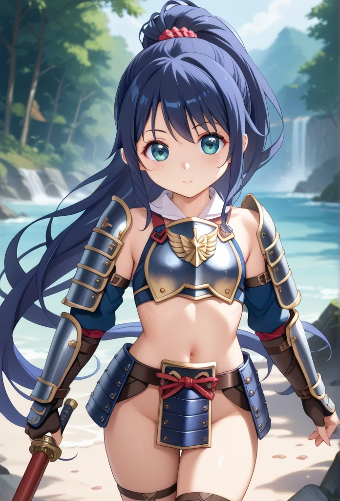 Illustration of a warrior girl wearing red equipment on naked、 one cute girl  (   cute face  、  big eyes、extra long ponytail、 navy blue hair、、naked、armor、Waist support、Shin guards、Hand guard、 Waist support、 thighs,)、battlefield、 ((  nonohara miki ))、 software