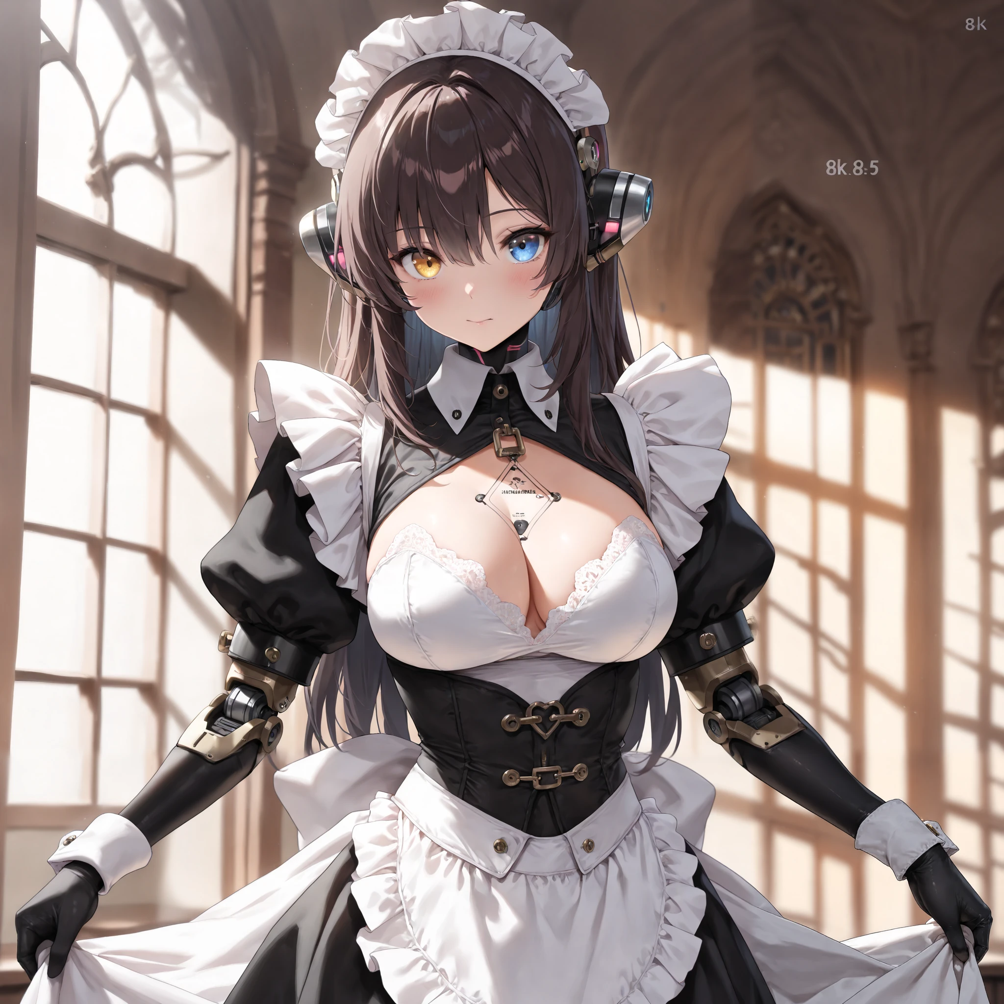 cowboy shot, very cute face, maid costume, android girl, heterochromia, joint, headdresses, apron, No.25 number ethereal tattoo, (best quality,4k,8k,highres,masterpiece:1.2),ultra-detailed,intricate details, high fashion, dramatic lighting, warm colors, chiaroscuro