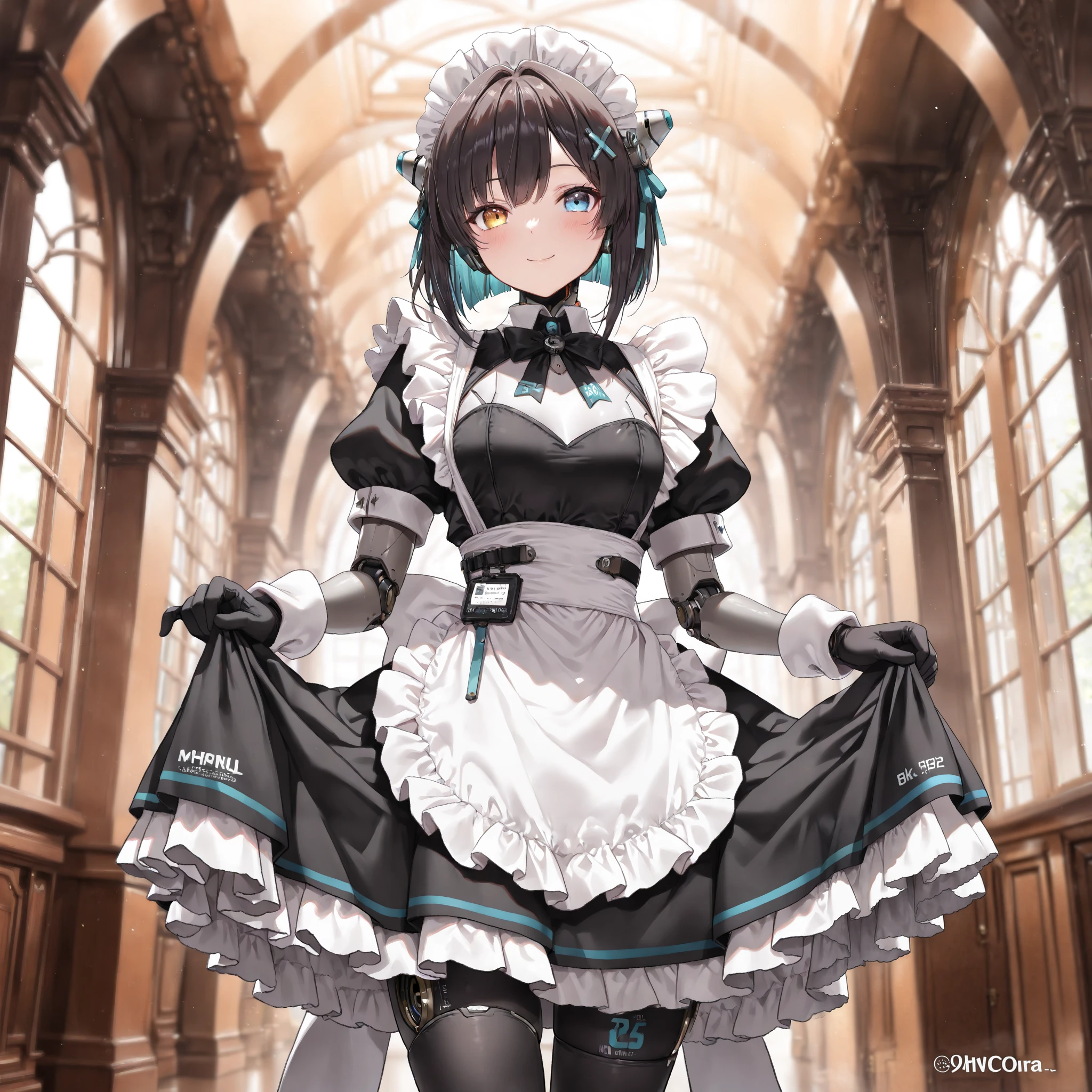 cowboy shot, A bow, very cute face, maid costume, android girl, heterochromia, elegant smile, joint, headdresses, apron, No.25 number ethereal tattoo, (best quality,4k,8k,highres,masterpiece:1.2),ultra-detailed,intricate details, high fashion, dramatic lighting, warm colors, chiaroscuro