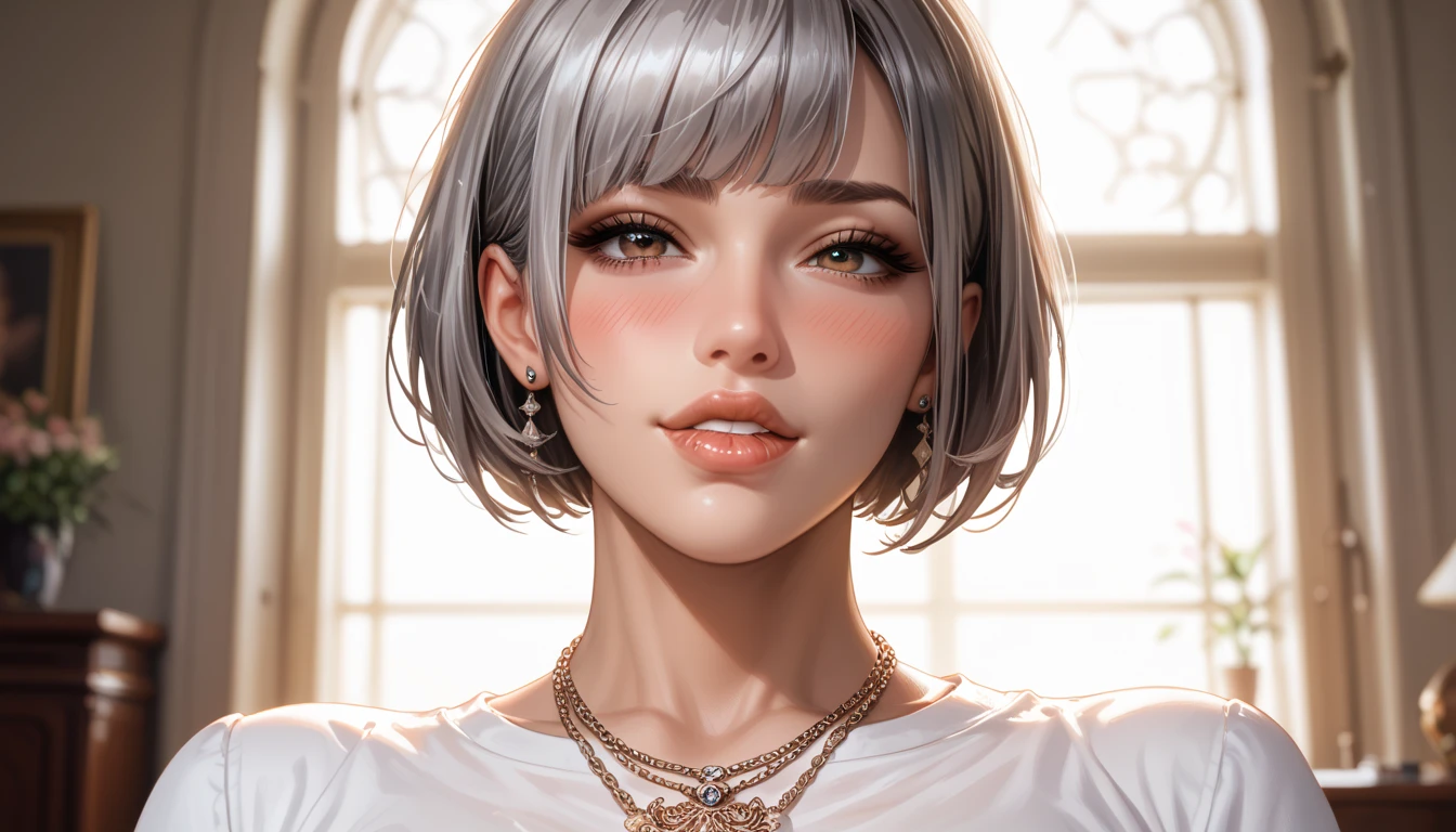 art,core_9,score_8_up,score_7_up,score_6_up,score_5_up, masterpiece, best_quality, ultra-detailed, straight on,white_shirt,naughty_face,lip biting,, portrait shot, face focus BREAK 1girl, blush, horny , 1girl, milf,  short hair, bobcut bang, grey hair, perfect lips,perfect lips, huge breasts, necklace,, looking viewer , Expressiveh, photoshoot, dramatic lighting, dramatic shadow, dark_skin,brown_skin,tan