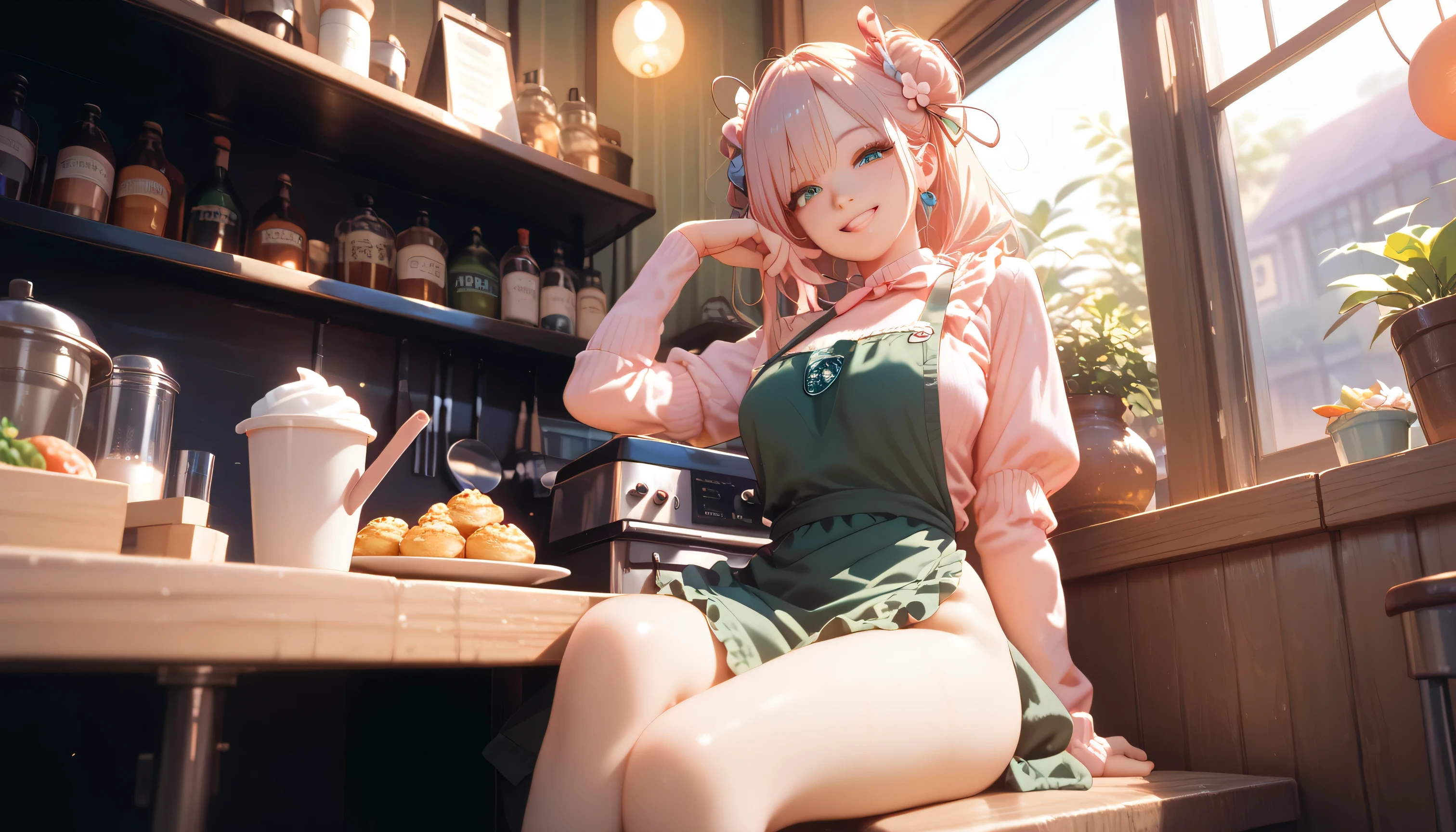1girl in, 独奏, Nakano Nino, Pink hair, butterfly hair ornament, (barechested:1.3), (White apron),, cleavage of the breast, thighs thighs thighs thighs, Cafe background, (red blush:1.3), opening legs