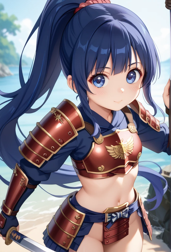 Illustration of a warrior girl wearing red equipment on naked、 one cute girl  (   cute face  、  big eyes、extra long ponytail、 navy blue hair、、naked、armor、Waist support、Shin guards、Hand guard、 Waist support、 thighs,)、battlefield、 ((  nonohara miki ))、 software