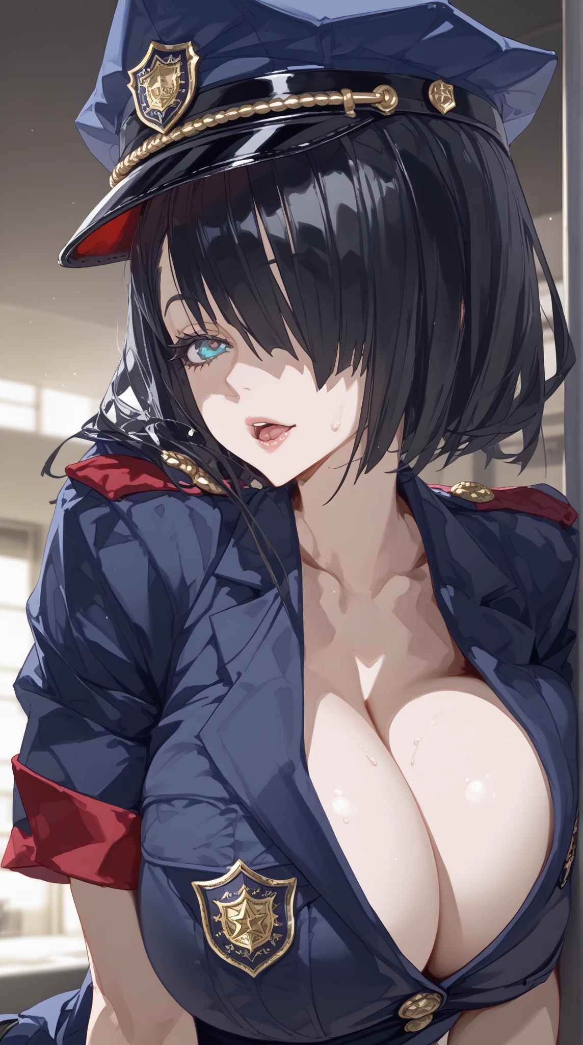 Close-up: A beautiful woman in a sexy American polis uniform with huge breasts that look like they might spill out is seducing at 警察の取調室. She opens the front of her uniform to emphasize her cleavage.((Cover one eye with hair))、dimly lit interrogation room、Interrogation、Black Hair、Sharp Eye、I salivate when I open my mouth、Police station's、dim interrogation room、Interrogation、Like cuddling、 man