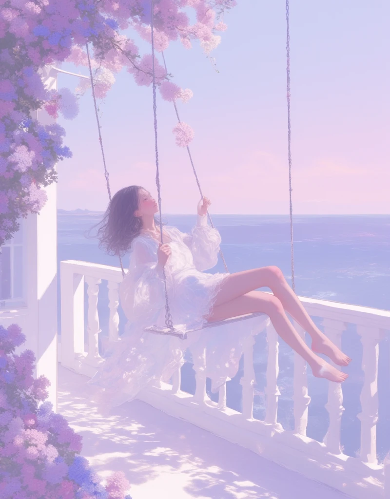 A girl swinging on a vine-attached swing on a white balcony by the sea, Wearing fluffy white summer clothes. Magical flowers, 

Wait for me on the balcony at the beach
I want to see the lavender ocean at dawn, 
 
Soon morning will 

I love you so love you, don't let me go again 
Umm... I love you. 

I like the lavender ocean at dawn 

I love you so love you, look, the bell of love 
Ah...it's resonating in my heart 

And a secret...
dream art, photogenic. 
beautiful gradation, soft color, 
xijie_blue