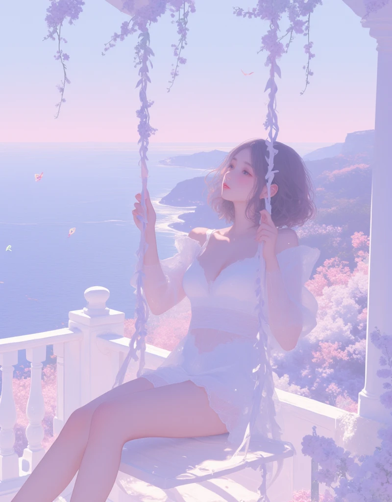 A girl swinging on a vine-attached swing on a white balcony by the sea, Wearing fluffy white summer clothes. Magical flowers, 

Wait for me on the balcony at the beach
I want to see the lavender ocean at dawn, 
 
Soon morning will 

I love you so love you, don't let me go again 
Umm... I love you. 

I like the lavender ocean at dawn 

I love you so love you, look, the bell of love 
Ah...it's resonating in my heart 

And a secret...
dream art, photogenic. 
beautiful gradation, soft color, 
xijie_blue