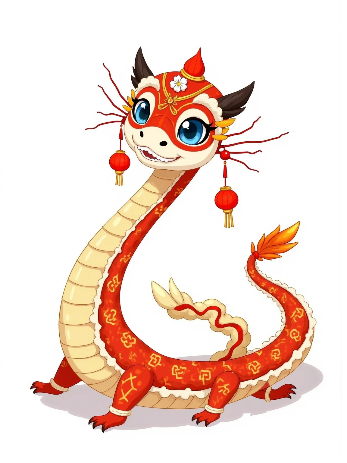 Color block illustration， A very delicate and gorgeous festive little snake 。 The body is decorated with intricate patterns and red and gold patterns。it has large, expressive blue eyes，Very prominent，adds a touch of whimsy to the snake's appearance。 The snake wears a spring festival hat and headdress ，with white flowers and gold embellishments，complements the overall color scheme，The white ，the delicate blue and gold，Stylized flowers，Added a touch of elegance，the snake's tail curls gracefully，it has a long, curved tail fin，curled into a small, intricate shape， The background is pure white， on the neck highlights the intricate details of the snake ， smooth 。the image has a cartoonish style， are brightly colored， Playful elements add whimsical colors to the snake's design 。