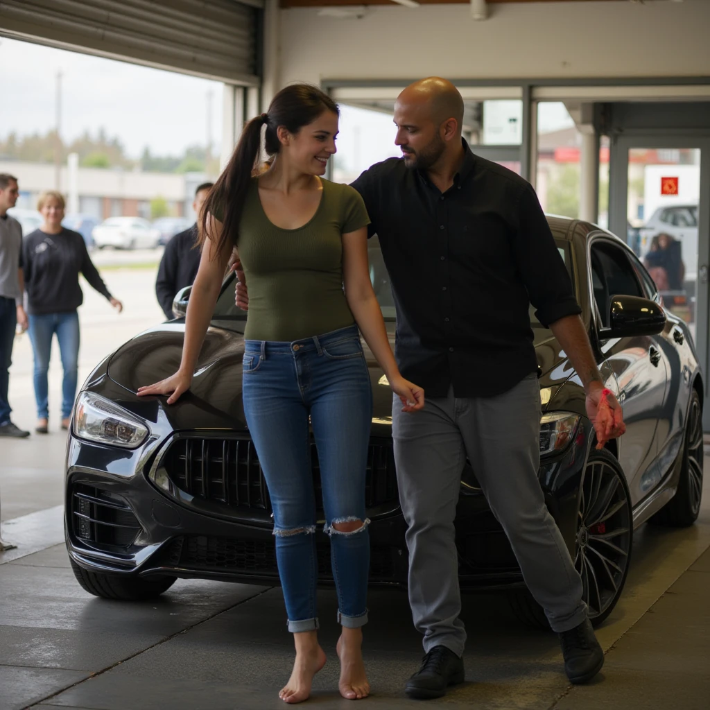 (low angle shot from below)) ((rear view)). a happy surprise woman,(((hugging a smiling man in white tshirt and jeans))),looking at  luxury  underground car garrage. a lot of car , ferrari, rolls royce, bentley, mercedes, bmw, kournisegg, honda and pink hello kitty mc laren mercedes in the garrage . full of neon light