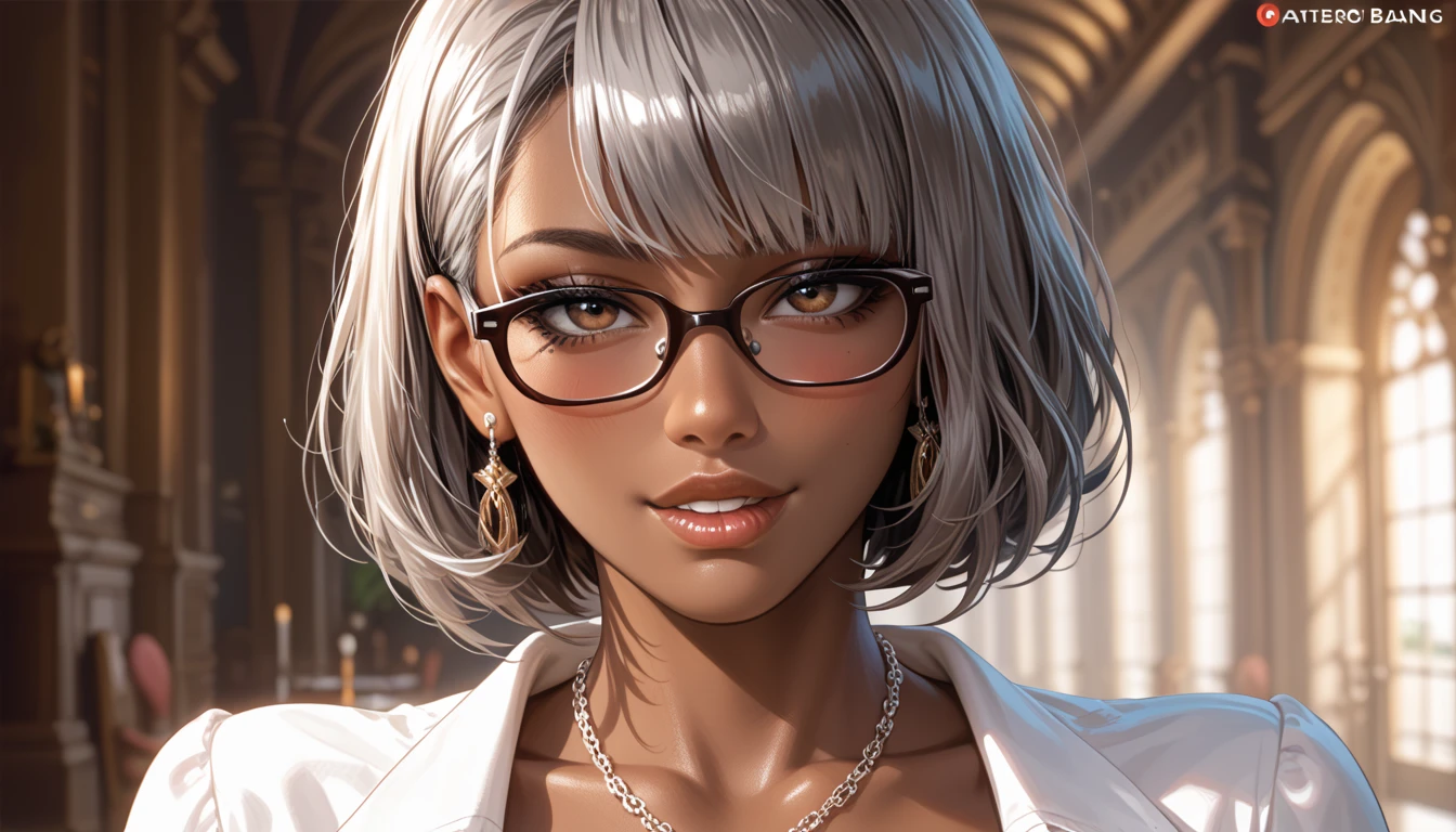 art,core_9,score_8_up,score_7_up,score_6_up,score_5_up, masterpiece, best_quality,dark_skinned,dark_skinned_female,glasses, ultra-detailed, straight on,white_shirt,naughty_face,lip biting,, portrait shot, face focus BREAK 1girl, blush, horny , 1girl, milf,  short hair, bobcut bang, grey hair, perfect lips,perfect lips, huge breasts, necklace,, looking viewer , Expressiveh, photoshoot, dramatic lighting, dramatic shadow, dark_skin,brown_skin,tan