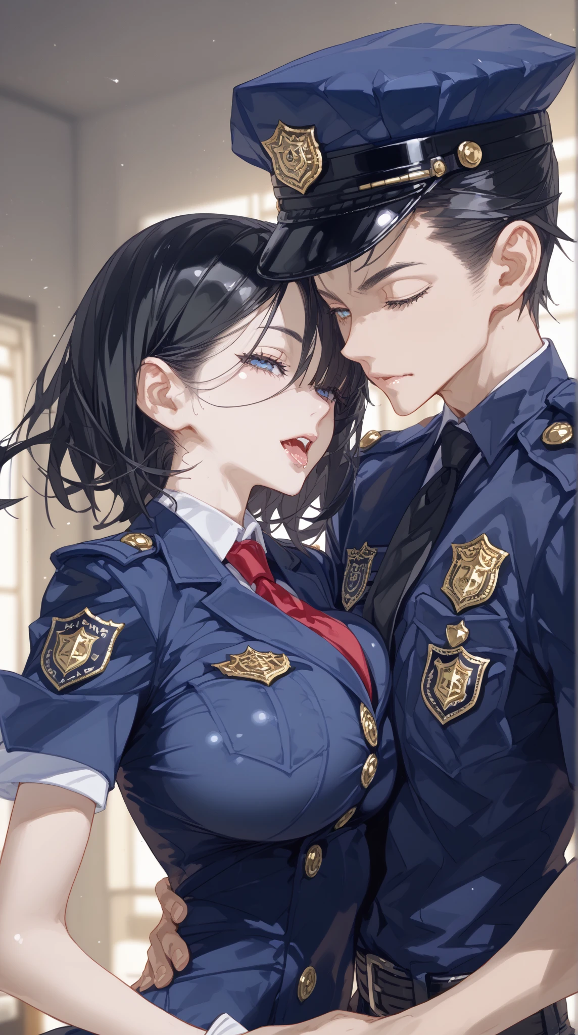 Close-up: A beautiful woman in a sexy American polis uniform with huge breasts that look like they might spill out is seducing at 警察の取調室. She opens the front of her uniform to emphasize her cleavage.((Cover one eye with hair))、dimly lit interrogation room、Interrogation、Black Hair、Sharp Eye、I salivate when I open my mouth、Police station's、dim interrogation room、Interrogation、Like cuddling、 Seduce a man、 Embrace Your Body 、(((throw)))