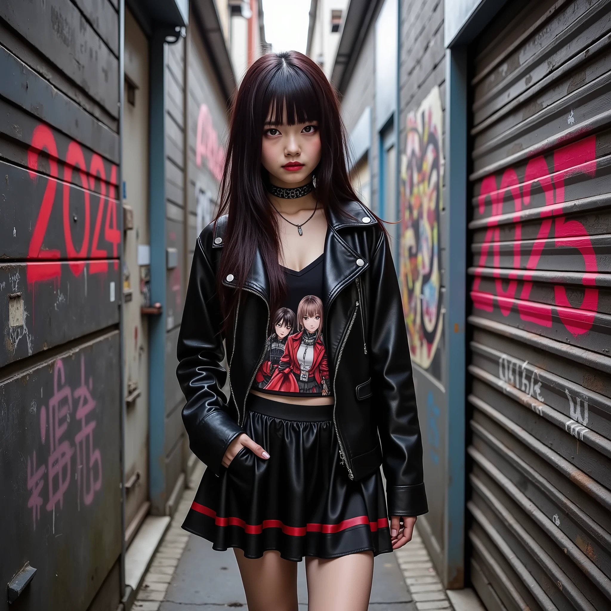 underground style,1girl\(black and red color scheme, long dark hair with red highlights, edgy street fashion, black leather jacket, graphic tank top, short skirt, red eyes,choker necklace, confident expression, punk style\), urban alley background\(Colorful letters are spray painted on the wall and shutter,left wall "2024",right shutter "2025"\),(wide shot,long shot),grunge aesthetic, detailed shadows, graffiti on walls, rebellious vibe, modern streetwear, anime art, stylish pose, fierce look