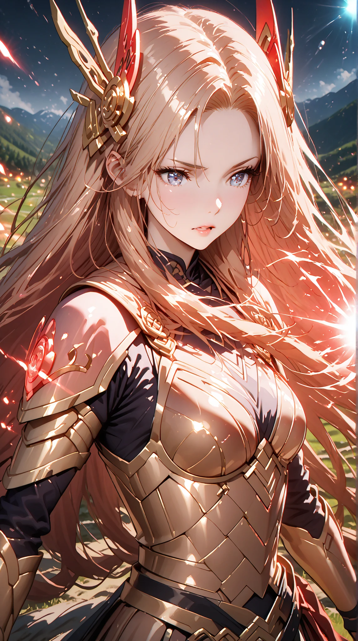 reality，valley，Japanese Magical Beauty Warrior ， long hair, headgear,  wearing light red light armor， Magic Rim， high detail, quality, close-up,  movie light effect , 