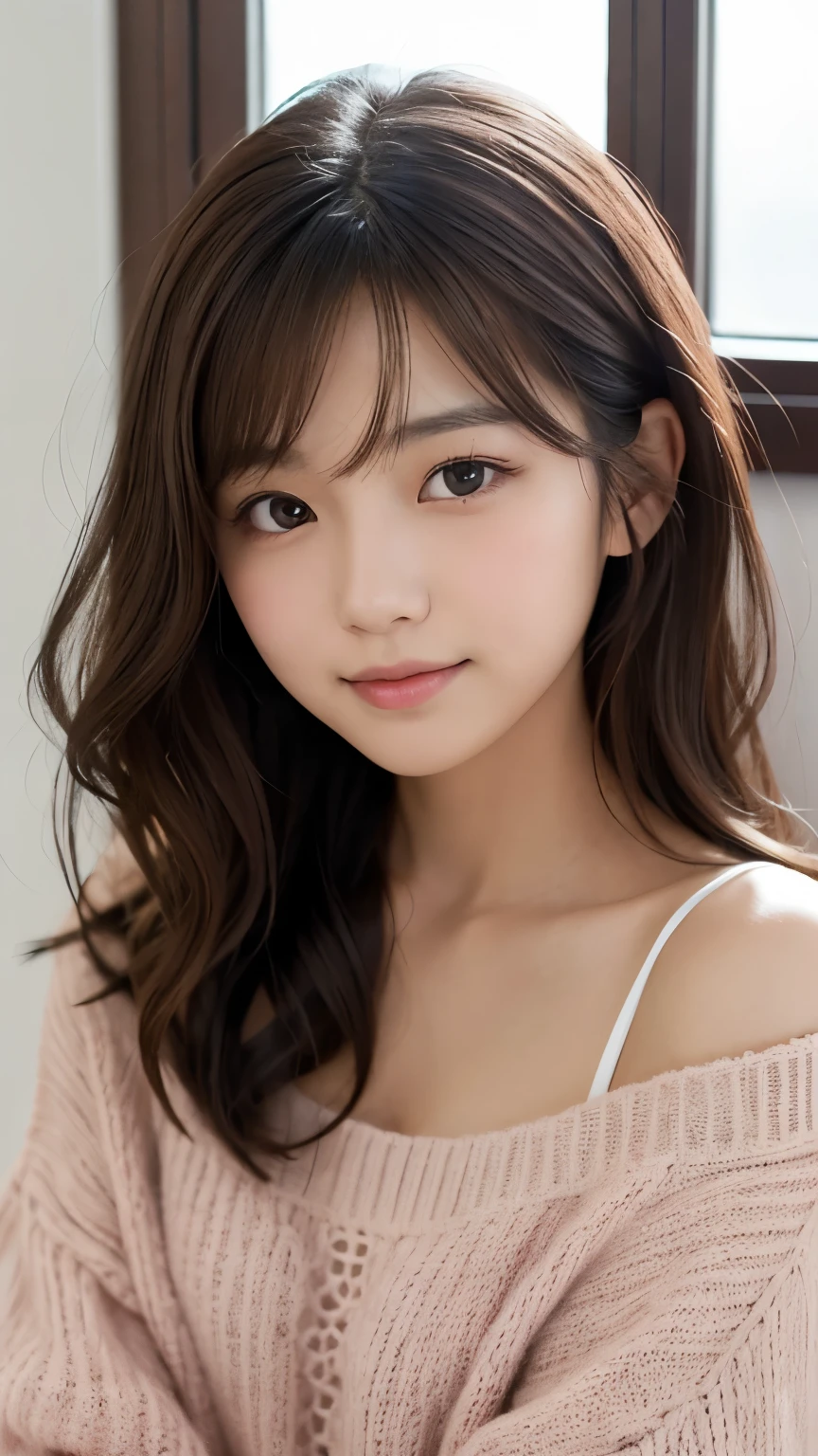 Araffe asian woman with long brown hair and a pink sweater - SeaArt AI