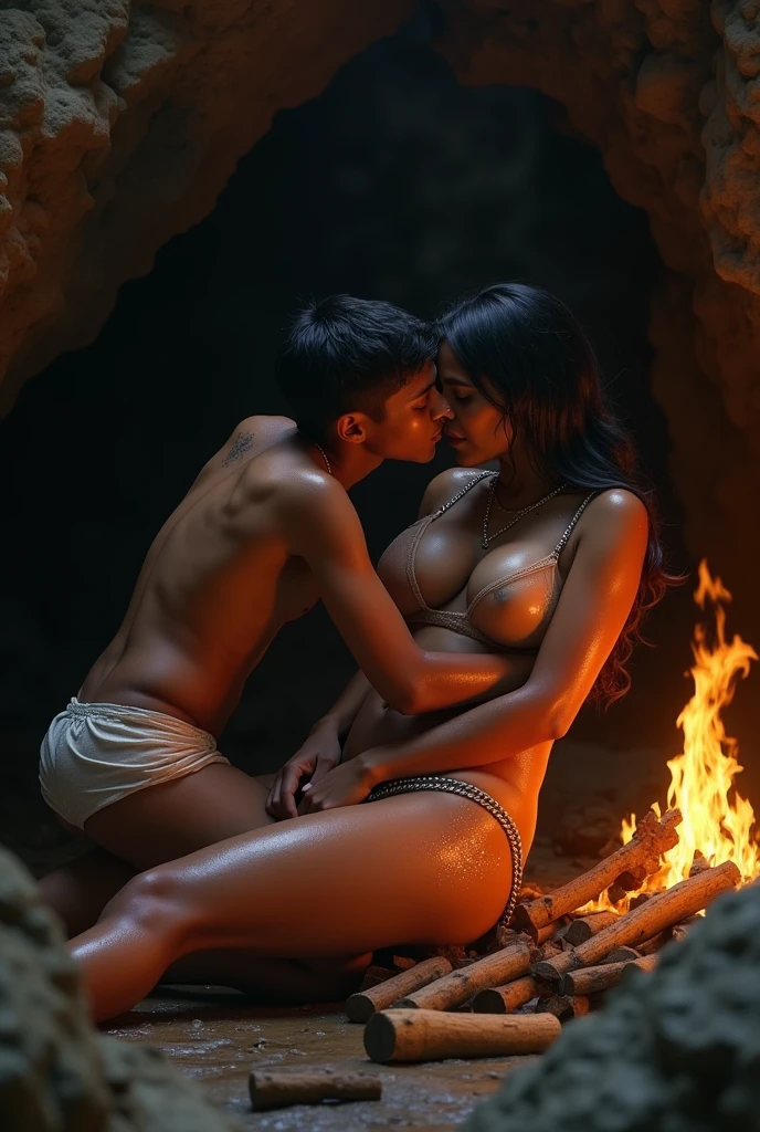 In the dense forest, a beautiful white Thai woman, her body naked, showing her pubic hair, a clear cleavage, and large breasts, was sitting against a fire in a cave with a naked young man. Both of their bodies were cold, and the atmosphere was brightly lit by the fire in the firewood, with a pair of loincloths hanging out. Both of them slowly leaned towards each other and kissed. The one who started to lie down, the man leaned along, his hand grabbing the edge of his pants and pulling them down to his feet.