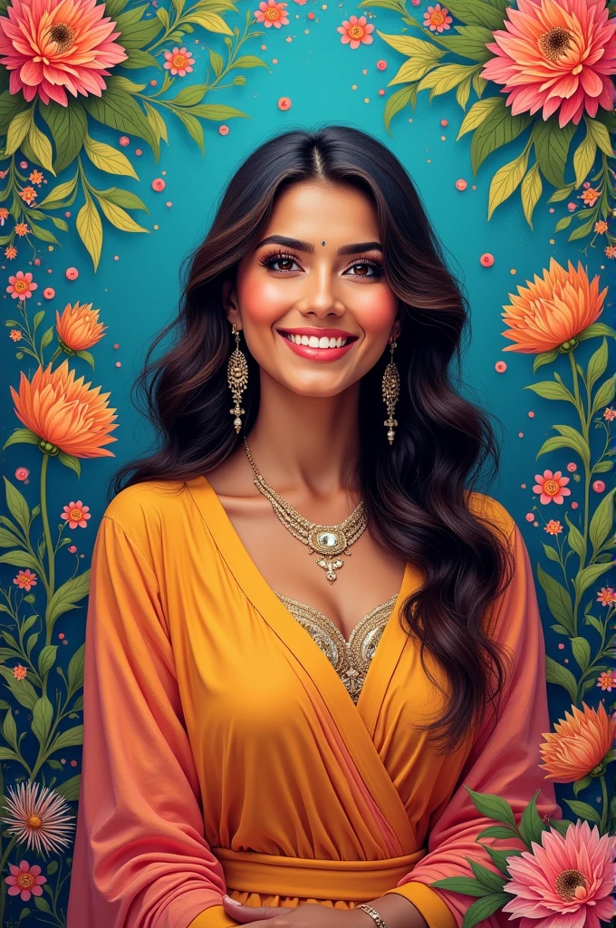 Create an illustration of a girl with yellowish brown skin wearing a yellow kurti with a single tiny dot black bindi and silver earrings and bangles open hair with dupatta standing with kajal in her eyes and a nude lipstick that compliments her skin tone laughing