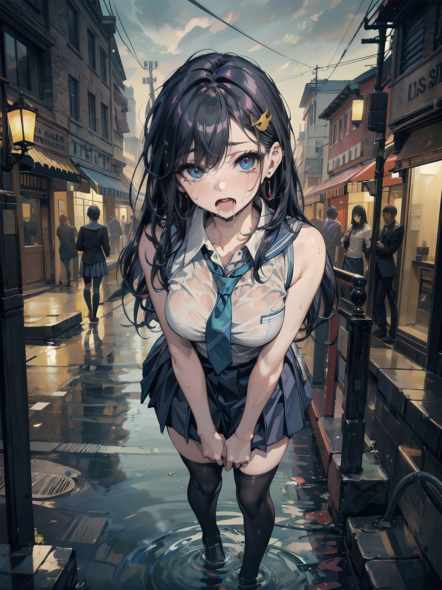 NSFW、masterpiece, 最high quality, high quality, High resolution, One girl, alone, Blue Hair, Long Hair, blue eyes, White shirt ,Black office skirt, Knee socks, whole body、Depth of written boundary, In a crowded train,(((Surrounded by men))),(((Molester)))、(((Body odor、Bad smell)))、(((Sweat)))、((((Sweat染み、Yellowing、odor))))、(((Soaking wet)))、(((((Love juice)))))、((((Detailed pussy))))、(((((Pooping)))))、((Leg spread))、(((Covered in bodily fluids)))、(((Squirting)))、(((cry)))、(((blush)))、(((Poop dripping down my legs))),(((Pee)))、(((Peeing)))、(((Molester)))