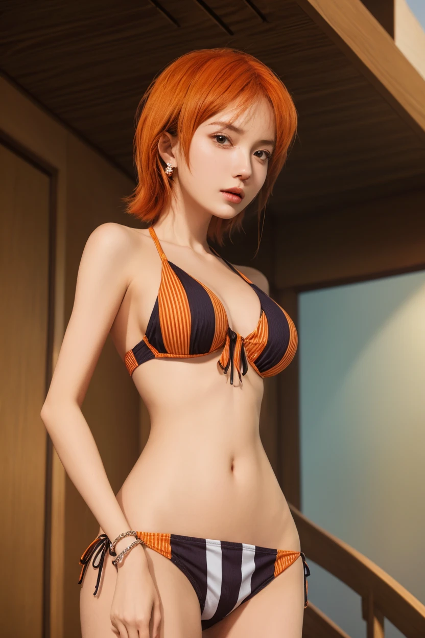 Girl, short orange hair, yellow eyes, tiger ears, tiger tail, almost naked, big breasts, exposed belly